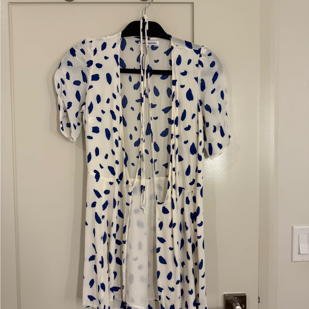 Reformation White and Blue Patterned Blouse